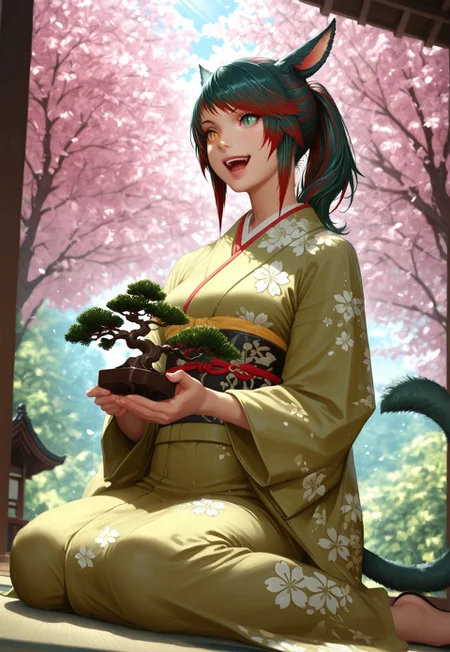 masterwork, masterpiece, best quality, dynamic lighting, dynamic pose, dynamic angle, (lineless:1.2), detailed, depth of field, dynamic lighting, (realistic:1.2), siriha, miqo'te, green hair, red hair, two-tone hair, tail, heterochromia, yellow eyes, green eyes, (slit pupils:1.2), beautiful flowery kimono, :D, wariza, holding bonsai, demure atmosphere, outdoors, japanese zen garden, cherry tree, sunrays through canopy