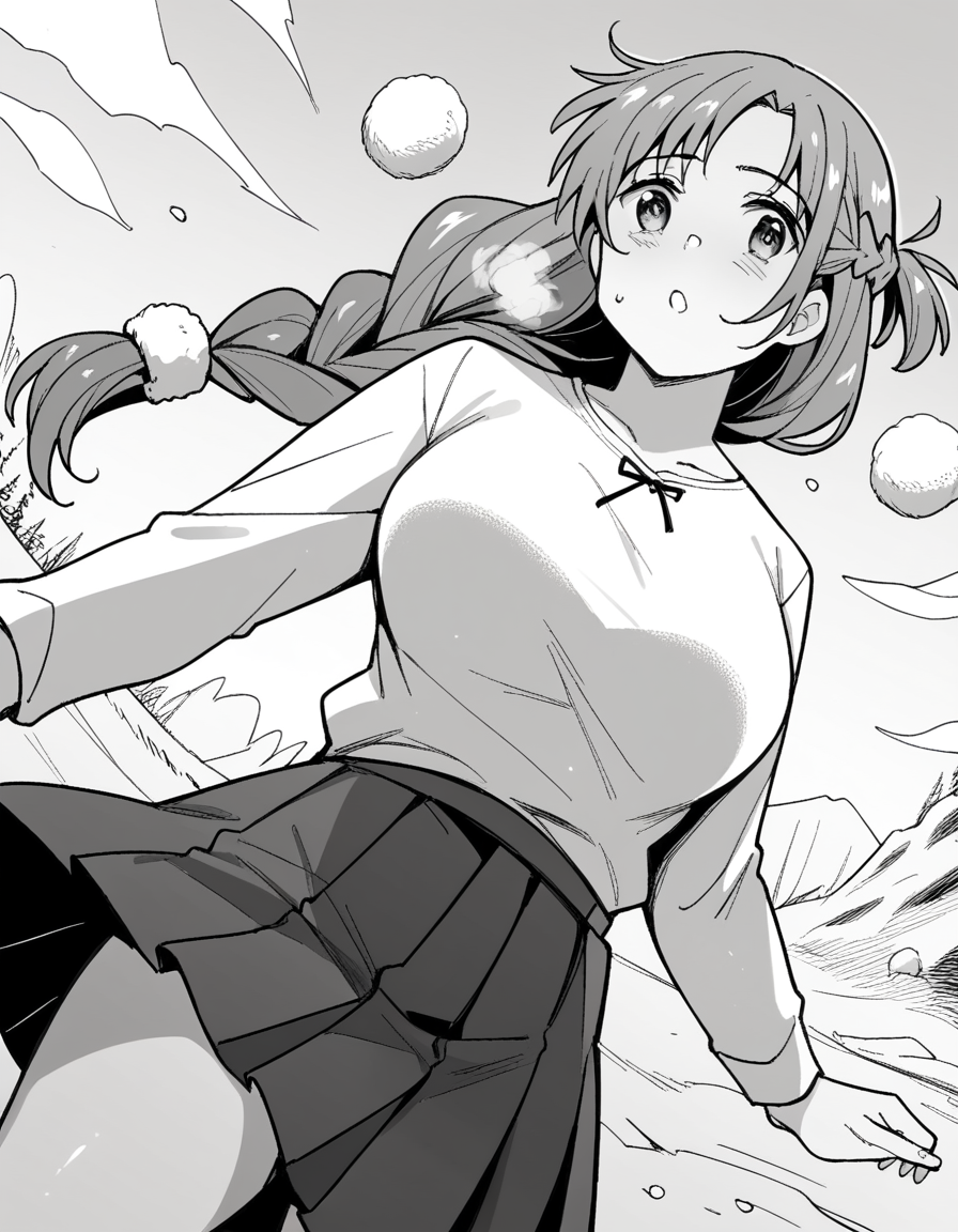 score_9, score_8_up, score_7_up, source_anime, <lora:oninarasu-asuna-yuuki-manga-ponyxl-lora-nochekaiser:1>, asuna yuuki, long hair, bangs, monochrome, braid, greyscale, single braid, large breasts,, skirt, shirt, long sleeves, jewelry, pleated skirt,, snow day, winter clothes, snowball fight, laughter, cold breath, white landscape, , looking at viewer, from below, solo,, cowboy shot, dutch angle