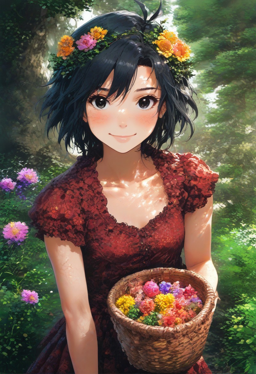 (zPDXL2), score_9, score_8_up, score_7_up, score_6_up, source_anime, <lora:Worldly_XL:1.55> volumetric lighting, warm colors, motion effects, best quality, wallpaper art, looking at viewer, woods, flowers, insects
1girl, solo, 18 year old, Little Red Riding Hood on a path in the woods, holding basket with berries, delicate and smooth skin, cleavage, shy smile, eyes open, low cut, 
<lora:KikuchiMakoto_pony_v1:0.9> kkcmkt, short hair, black hair, antenna hair, hair between eyes, black eyes, flat chest,  small breasts, 
Expressiveh,  <lora:c0l0urc0r3XLP2:0.40> c0l0urc0r3, cute, bright colours, candy, <lora:RELSM_v1:0.90> <lora:[GP] somethingweirdv1 [Pony XL]:0.20>
