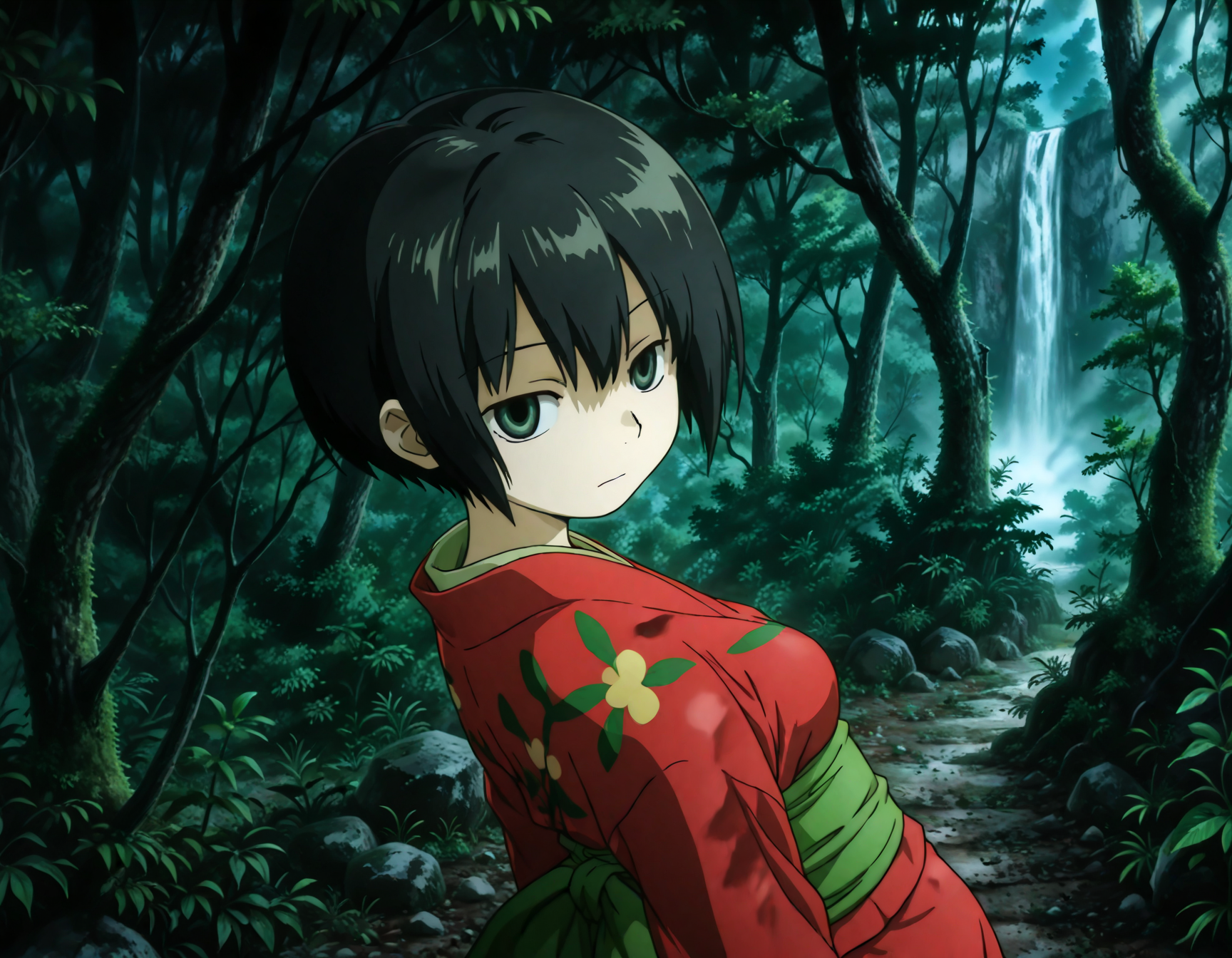 (1girl, solo:1.3), (2girls, 3girls, 4girls, multiple girls, 2boys, 3boys, 4boys, multiple boys:-1.5) <lora:Ioroi_Renzu_Mushi-shi_Illustrious:0.9>, ioroi_renzu, medium breasts, grey eyes, green eyes, black hair, short hair, bob cut, bangs, hair between eyes, japanese clothes, kimono, red kimono, obi, green obi, sandals expressionless, closed eyes, general, contrapposto, dynamic pose, , upper body, from side, from above, dutch angle, outdoors, forest, japanese forest, japanese shrine, (torii:-1.0), ancient forest, dense foliage, mossy trees, mist, eerie silence, no people, overgrown, primeval, twilight lighting, mystical, waterfall, A vast, untouched forest frozen in time, where ancient, towering trees with thick, moss-covered trunks rise from a ground layered with centuries of decaying leaves and soft green undergrowth. Twisted roots snake across damp soil, and the air hangs heavy with mist and silence. Shafts of pale light struggle to pierce the dense canopy, casting a faint glow on the shadowy floor below. Ferns and strange fungi thrive in the perpetual twilight, and no sign of human presence disturbs the eerie stillness. The atmosphere feels sacred, as if the forest itself is watching. A green forest with tall trees and dense foliage, an abstract depiction of a tranquil forest scene, where the towering trees create a serene, mystical atmosphere. The forest floor is covered with rich greenery, and the soft natural light filters gently through the leaves, subtly illuminating the scene without overpowering the natural beauty of the surroundings. dusk, fog, , perspective, night, , pov, from behind, , (light leaks, light rays:1.1), <lora:NOOB_EPSv1_1_detailer_by_vlnvk_v1_0:1.5>, (photo background:0.7), night, (tachibana yuu:0.6), inue shinsuke, (kazuma muramasa:0.0), saikawa yusa, (aoi manabu:0.6), abarerumidori, (suzui narumi:0.6), masterpiece, newest, absurdres, 8K, anime screenshot, anime coloring, flat color, official art, film grain, <lora:illustriousXLv01_stabilizer_v1.185c:0.7>, <lora:LECO_Solo:-4.0>,