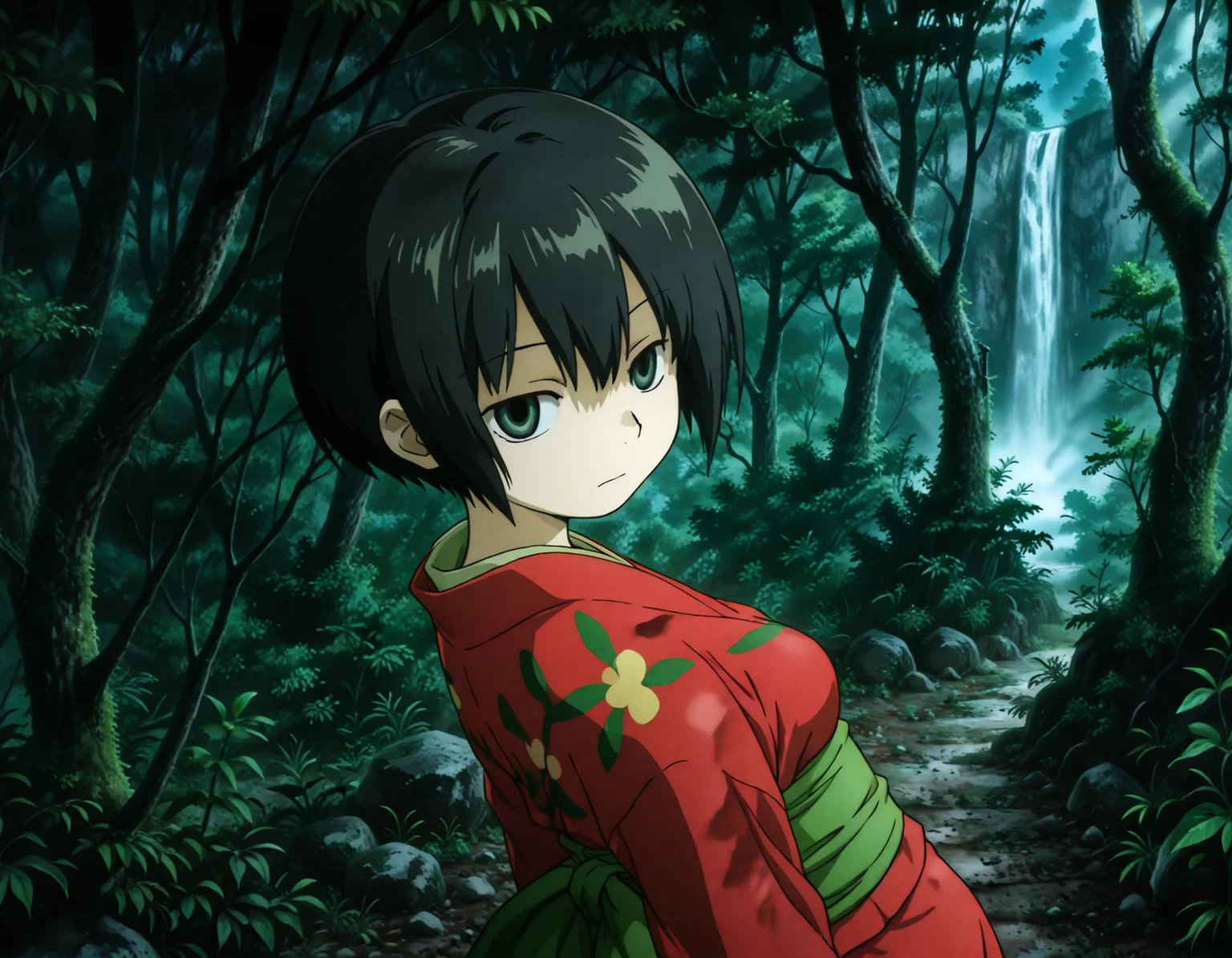 (1girl, solo:1.3), (2girls, 3girls, 4girls, multiple girls, 2boys, 3boys, 4boys, multiple boys:-1.5) <lora:Ioroi_Renzu_Mushi-shi_Illustrious:0.9>, ioroi_renzu, medium breasts, grey eyes, green eyes, black hair, short hair, bob cut, bangs, hair between eyes, japanese clothes, kimono, red kimono, obi, green obi, sandals expressionless, closed eyes, general, contrapposto, dynamic pose, , upper body, from side, from above, dutch angle, outdoors, forest, japanese forest, japanese shrine, (torii:-1.0), ancient forest, dense foliage, mossy trees, mist, eerie silence, no people, overgrown, primeval, twilight lighting, mystical, waterfall, A vast, untouched forest frozen in time, where ancient, towering trees with thick, moss-covered trunks rise from a ground layered with centuries of decaying leaves and soft green undergrowth. Twisted roots snake across damp soil, and the air hangs heavy with mist and silence. Shafts of pale light struggle to pierce the dense canopy, casting a faint glow on the shadowy floor below. Ferns and strange fungi thrive in the perpetual twilight, and no sign of human presence disturbs the eerie stillness. The atmosphere feels sacred, as if the forest itself is watching. A green forest with tall trees and dense foliage, an abstract depiction of a tranquil forest scene, where the towering trees create a serene, mystical atmosphere. The forest floor is covered with rich greenery, and the soft natural light filters gently through the leaves, subtly illuminating the scene without overpowering the natural beauty of the surroundings. dusk, fog, , perspective, night, , pov, from behind, , (light leaks, light rays:1.1), <lora:NOOB_EPSv1_1_detailer_by_vlnvk_v1_0:1.5>, (photo background:0.7), night, (tachibana yuu:0.6), inue shinsuke, (kazuma muramasa:0.0), saikawa yusa, (aoi manabu:0.6), abarerumidori, (suzui narumi:0.6), masterpiece, newest, absurdres, 8K, anime screenshot, anime coloring, flat color, official art, film grain, <lora:illustriousXLv01_stabilizer_v1.185c:0.7>, <lora:LECO_Solo:-4.0>,