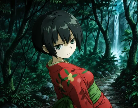 (1girl, solo:1.3), (2girls, 3girls, 4girls, multiple girls, 2boys, 3boys, 4boys, multiple boys:-1.5) <lora:Ioroi_Renzu_Mushi-shi_Illustrious:0.9>, ioroi_renzu, medium breasts, grey eyes, green eyes, black hair, short hair, bob cut, bangs, hair between eyes, japanese clothes, kimono, red kimono, obi, green obi, sandals expressionless, closed eyes, general, contrapposto, dynamic pose, , upper body, from side, from above, dutch angle, outdoors, forest, japanese forest, japanese shrine, (torii:-1.0), ancient forest, dense foliage, mossy trees, mist, eerie silence, no people, overgrown, primeval, twilight lighting, mystical, waterfall, A vast, untouched forest frozen in time, where ancient, towering trees with thick, moss-covered trunks rise from a ground layered with centuries of decaying leaves and soft green undergrowth. Twisted roots snake across damp soil, and the air hangs heavy with mist and silence. Shafts of pale light struggle to pierce the dense canopy, casting a faint glow on the shadowy floor below. Ferns and strange fungi thrive in the perpetual twilight, and no sign of human presence disturbs the eerie stillness. The atmosphere feels sacred, as if the forest itself is watching. A green forest with tall trees and dense foliage, an abstract depiction of a tranquil forest scene, where the towering trees create a serene, mystical atmosphere. The forest floor is covered with rich greenery, and the soft natural light filters gently through the leaves, subtly illuminating the scene without overpowering the natural beauty of the surroundings. dusk, fog, , perspective, night, , pov, from behind, , (light leaks, light rays:1.1), <lora:NOOB_EPSv1_1_detailer_by_vlnvk_v1_0:1.5>, (photo background:0.7), night, (tachibana yuu:0.6), inue shinsuke, (kazuma muramasa:0.0), saikawa yusa, (aoi manabu:0.6), abarerumidori, (suzui narumi:0.6), masterpiece, newest, absurdres, 8K, anime screenshot, anime coloring, flat color, official art, film grain, <lora:illustriousXLv01_stabilizer_v1.185c:0.7>, <lora:LECO_Solo:-4.0>,