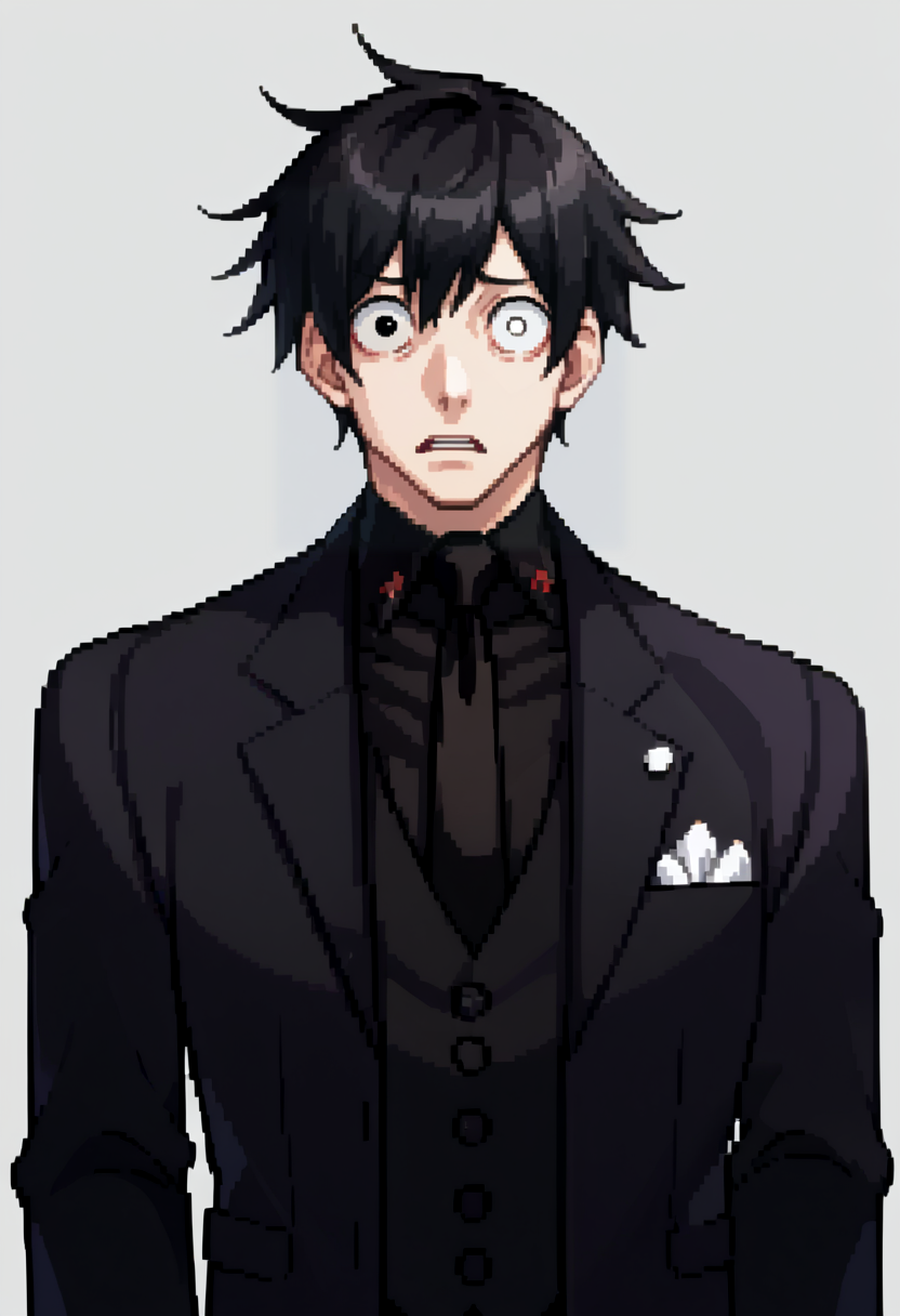 score_9, score_8_up, score_7_up, source_anime, BREAK ,solo, 1boy, looking at viewer, <lora:Ace-Attorney-Portraits-pdxl_Fp:1>, portrait, pixel art, simple background, upper body, <lora:oc_justtnp_ponyXL:1>, justtnp, heterochromia, black eyes, white eyes, formal, black jacket, black vest, black necktie, black gloves, black hair, short hair, wide-eyed, surprised,