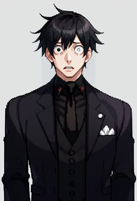 score_9, score_8_up, score_7_up, source_anime, BREAK ,solo, 1boy, looking at viewer, <lora:Ace-Attorney-Portraits-pdxl_Fp:1>, portrait, pixel art, simple background, upper body, <lora:oc_justtnp_ponyXL:1>, justtnp, heterochromia, black eyes, white eyes, formal, black jacket, black vest, black necktie, black gloves, black hair, short hair, wide-eyed, surprised,