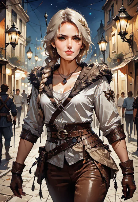 score_9, score_8_up, score_7_up, (zPDXL3), female, face portrait, concept art, realistic,
1girl, solo, mature woman, cw4, 1girl, white hair, green eyes, scar, long hair, hair over shoulder, braid, single braid, hair ornament, scar, scar on face, scar across eye, lips, closed mouth, armor, slim waist, breasts, medium breasts, sheathed, sheath, leather, pauldrons, fur trim, gloves, brown gloves, pants, brown pants, pouch, belt, boots, jewelry, necklace, hood, hood down, weapon, weapon on back, sword, sword behind back, ethereal beauty, looking at viewer, fantasy city street, night, lanterns, beautiful, cowboy shot, sexy, cocked hip,