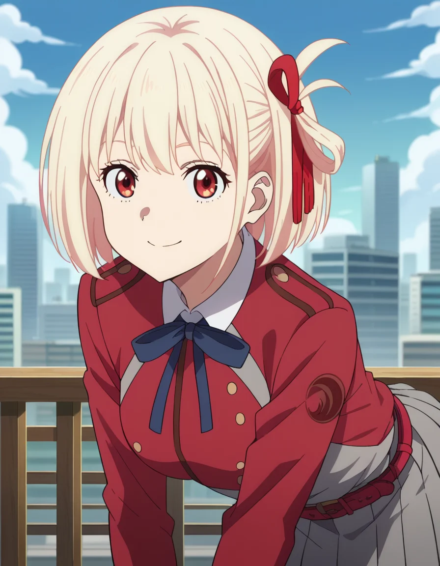 score_9, score_8_up, score_7_up, source_anime,
chisatonishikigi, <lora:chisato-nishikigi-s1-ponyxl-lora-nochekaiser:1>,
chisato nishikigi, short hair, bangs, blonde hair, red eyes, hair ribbon, one side up, bob cut,
shirt, long sleeves, dress, ribbon, white shirt, collared shirt, belt, neck ribbon, red dress, blue ribbon, pleated dress, grey dress, two-tone dress, red belt, lycoris uniform,
outdoors, cityscape, smile, bent over,
looking at viewer, dutch angle, cowboy shot,