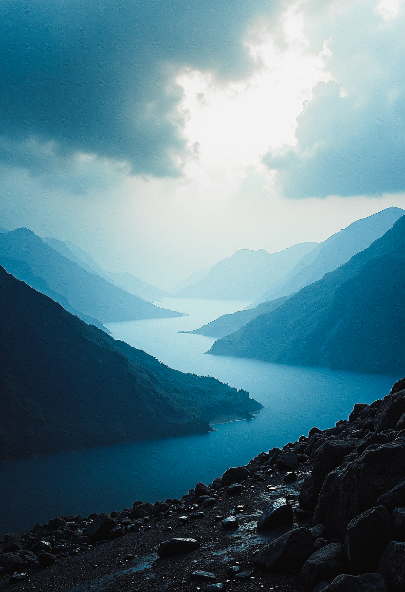 Immerse in a breathtakingly beautiful landscape: a vibrant blue-hued horizon stretches across the frame, fading into an atmospheric haze. Unusual dark colors, such as deep indigo and rich charcoal, punctuate the scene with dramatic flair.   Cinematic lighting casts long shadows, emphasizing the fine details of the terrain. Film grain adds texture to the image, while superb composition guides the viewer's eye through the masterpiece. Maximum detail is achieved in every element, from the rugged terrain to the wispy clouds, creating an unparalleled level of visual mastery.
