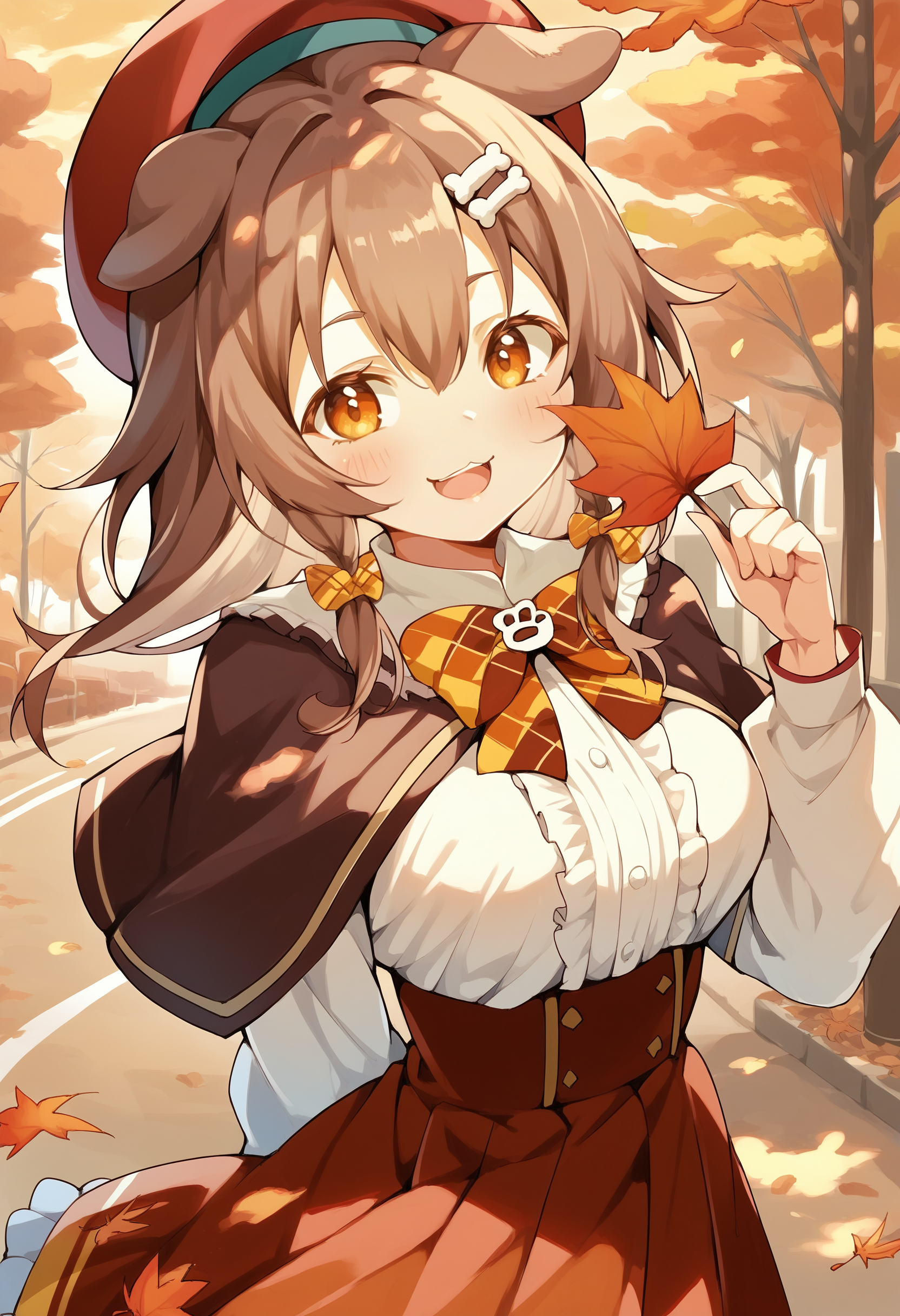 score_9, score_8_up, score_7_up, score_6_up, source anime,
inugami korone, inugami korone street, 1girl, holding leaf, bone hair ornament, solo, dog ears, leaf, hat, skirt, hair ornament, autumn leaves, smile, capelet, looking at viewer, bow, shirt, beret, high-waist skirt, dog girl, open mouth, white shirt, maple leaf, blush, long sleeves, frills, holding, hair between eyes, :d, outdoors, skirt, arm behind back, medium breasts, red headwear, autumn, bowtie, hair bow, yellow bow, plaid, frilled skirt, plaid bow
<lora:inugami_korone_v21:1>