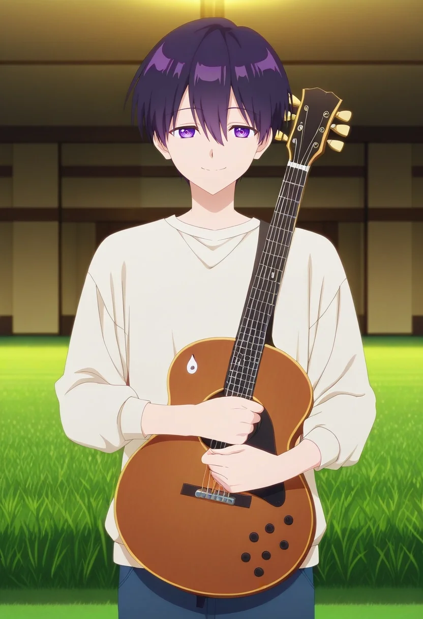 masterpiece, best quality, anime screencap, official style, anime coloring, cowboy shot, 1boy, solo, male focus, <lora:yuuki_izumi_ilxl:0.98>, yuuki_izumi, purple hair, purple eyes, short hair, bangs, hair between eyes, , straight-on, field, indoors, light, holding instrument, seductive smile,