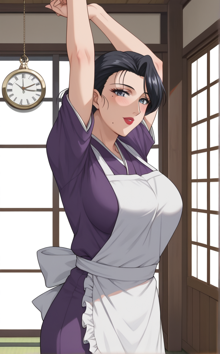 score_9, score_8_up, score_7_up, 1girl, ahoge, alarm clock, arms up, blush, clock, indoors, looking at viewer, parted lips, solo, standing,  stretching, window, window shade, sunlight,  <lora:PONYXL_MistreatedBride_SumieTakayanagi_ownwaifu:1>, BREAK WhiteApron_SumieTakayanagi_ownwaifu, 1girl, black hair, breasts, grey eyes, japanese clothes, lipstick, makeup, mature female, mole under mouth, red lips, white apron, kimono, single hair bun, apron, kappougi, hair between eyes, large breasts, <lora:add-detail-xl:0.15>,