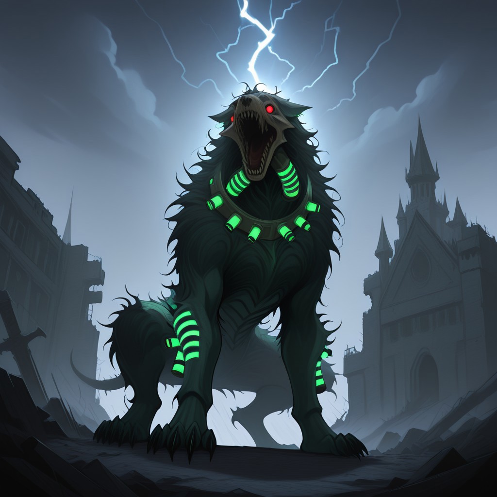 masterpiece,best quality,newest,solo,no humans,monster focus,open mouth,roaring,feral,claws,futuristic grimdark,dark souls_(series),warhammer 40k,ruins,lightning storm,clouds,castle,Mal0,cybermutant,glowing green tubes,glowing green hoses,glowing red eyes