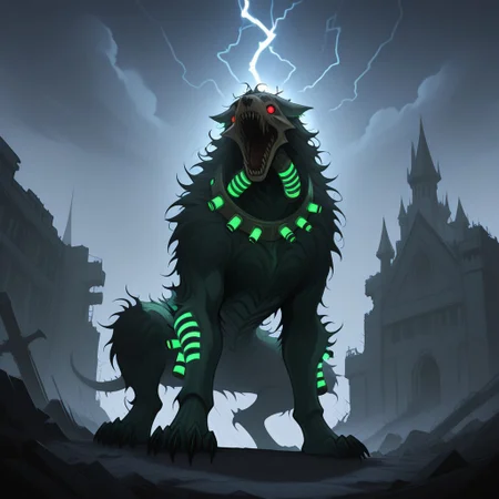 masterpiece,best quality,newest,solo,no humans,monster focus,open mouth,roaring,feral,claws,futuristic grimdark,dark souls_(series),warhammer 40k,ruins,lightning storm,clouds,castle,Mal0,cybermutant,glowing green tubes,glowing green hoses,glowing red eyes