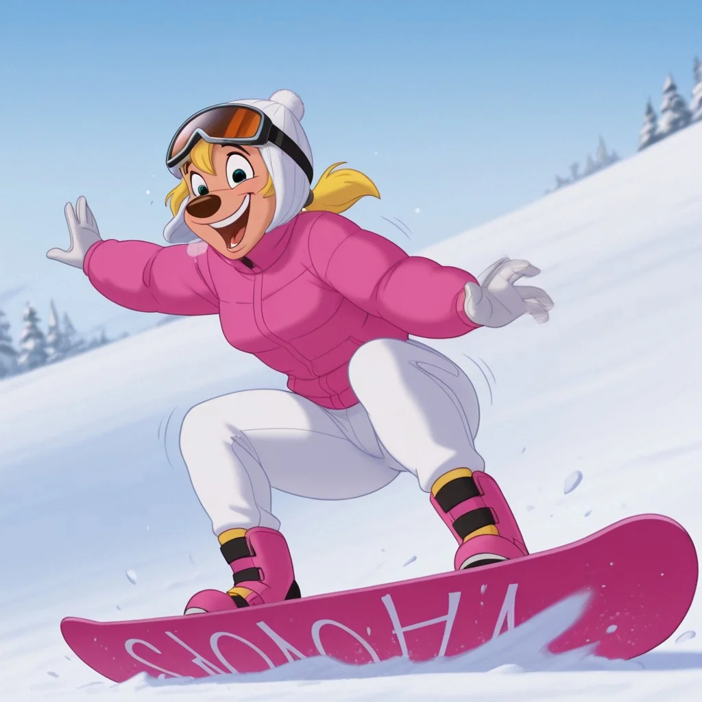 DisneyRenstyle, DISNEY_ANIMATION,
masterpiece, best quality hyper-realistic, ultra-HD, cinematic ambiance, soft light, BREAK, 1girl, A Goofy Movie style, Goof Troop, toony, outdoors, winter, snow, sunny, anthro, furry female, blonde hair, short ponytail, bangs, low ponytail, small circle nose, slender waist, wide hips, short torso, medium breasts, short legs, curvy legs, thick calves, petite butt, hourglass figure, ((pink winter coat, snowboard boots, white snow pants, athletic butt, ski helmet, ski goggles on eyes, ski gloves)), BREAK, extreme snowboarding, feet strapped to snowboard, feet apart, jumping, flying snow, steep ski slope, laughing, speed lines, motion lines moving fast, crouching low on snowboard, rear view from below, butt facing viewer, rear focus