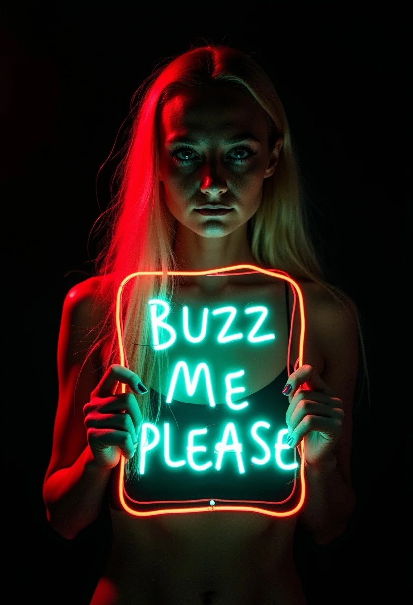 string art, black background, long golden thin hair, surrealism, suprematism, fluorescent, highly detailed, sharp focus, professional photoshoot, chiaroscuro lighting, masterpiece, hyper-realistic, woman holding a neon sign that says, "buzz me please"