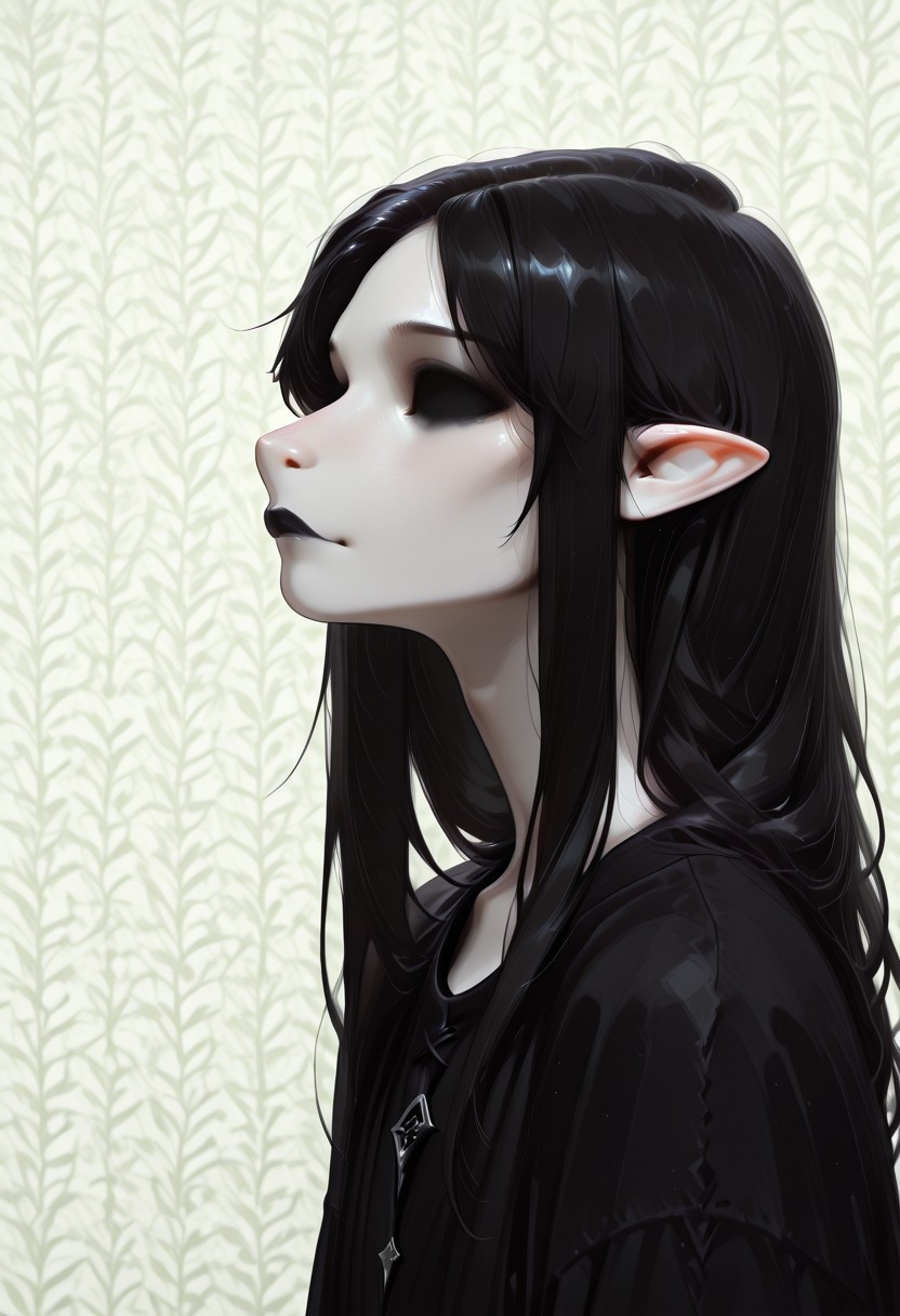 1 person, (lapanya, snout nose), solo, androgynous, pointy ears, sleek hair, straight hair, long hair, black hair, straight hair, parted bangs, hair over shoulders, ((missing eyes:1.5)), (very pale skin, white skin), ((full lips, black lipstick)), black cloak, low collar, collarbone, side view,
Chin up, looking sideways at viewer, pursed lips, small smile,
Medieval style, Smooth colors, detailed face, smooth skin, smooth nose, organic cavern background, clean lines, high quality, best quality, masterpiece, rating: safe, source: semi-realistic,