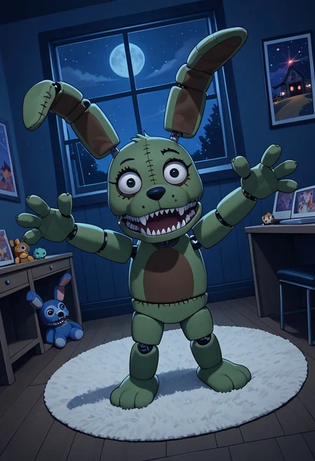 score_9, score_8_up, score_7_up, solo male, (high-angle view:1.1), pov, PlushtrapFNAF, rabbit ears, scut tail, teeth, wear and tear, green fur, petite, barefoot, 4 fingers, perfect hands, (large head:1.1), shortstack, small body, sharp teeth, fuzzy, plush body, seam \(sewing\), stitch \(sewing\), animatronic, glowing eyes, crooked whiskers, ragged, withered,
masterpiece, detailed face, looking at viewer, smile, open mouth, nervous, knock-kneed, cocked head, zPDXL3, dark house, inside, nighttime, night, raised arms, hands up, reaching towards viewer, bedroom, carpet, chair, standing, living plushie, detailed background, dutch angle, spooky, perspective, side view