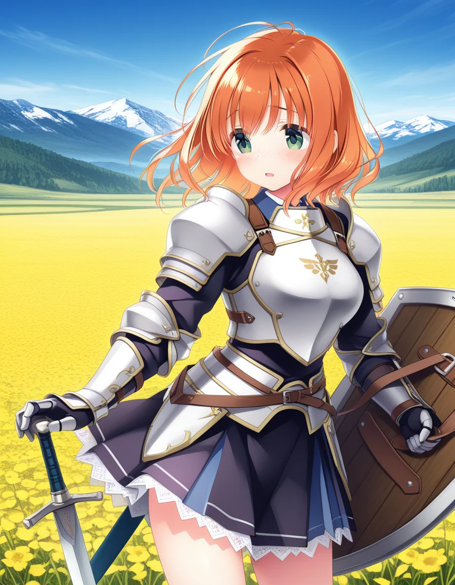 (kimishima ao), <lora:1_illu_kimishima_ao_5e:1>, 1girl, armor, sword and shield, skirt, freckles, orange hair, medium hair, green eyes, field, mountains, (masterpiece, best quality, amazing quality),