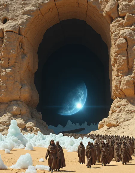 an arch shaped doorway in the side of a huge sandstone cliff
the doorway leads into a dark void, around the doorway ice tendrils spread onto the cliff,
through the void an alien planet lit by a harsh blue sun can be seen
a huge crowd of people in a long queue are walking into the void
the people are dressed in cowled brown robes