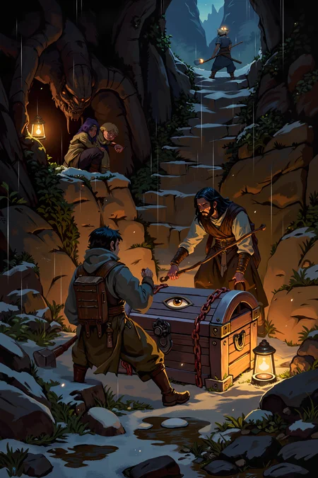 Deep beneath the surface, a group of weary adventurers digs through layers of ancient, cursed earth. Their lanterns flicker in the damp air as their shovels strike something hardâa massive, obsidian chest bound in rusted chains. A single eye, embedded in the wood, flickers open, glowing with unnatural awareness. One adventurer, sweating despite the cold, reaches forward to pry it open, while another hesitates, their instincts screaming to run. The ground beneath them shudders, as if the world itself is warning them: some things are not meant to be unearthed.<lora:XRSTYLE_FLUX:0.7><lora:RetroAnimeFluxV1:0.4><lora:MoriiMee_Gothic_Niji_Style_FLUX:0.3>