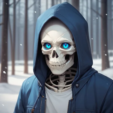 (((detailed, beautiful, high quality))), upper Body, score_9, score_8_up, score_7_up,
1male, skeleton, glowing eyes, blue eyes, hood with fur, blue jacket, grey fur, white T-shirt,
looking at the viewer, posing, snowy forest, blurred background, blurred fantasy background,