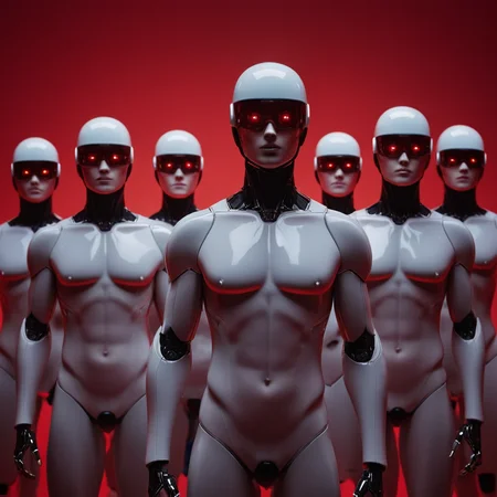 cinematic film still of <lora:Cyberpunk Style:1>
a group of humanoids standing in a line,bionic,transhuman,Dystopia,Dystopian,kakotopia,Science fiction,high tech,low life,societal collapse,Artificial,Posthuman,future,futuristic,Artificial intelligence,Cyborg,genetically-enhanced humans,sci-fi,Cyberpunk Style,breasts,looking at viewer,red eyes,upper body,multiple boys,no humans,muscular,helmet,red background,science fiction,6+boys,sarashi,one-eyed,straight-on,lineup,humanoid robot , Cyberpunk Style, shallow depth of field, vignette, highly detailed, high budget, bokeh, cinemascope, moody, epic, gorgeous, film grain, grainy