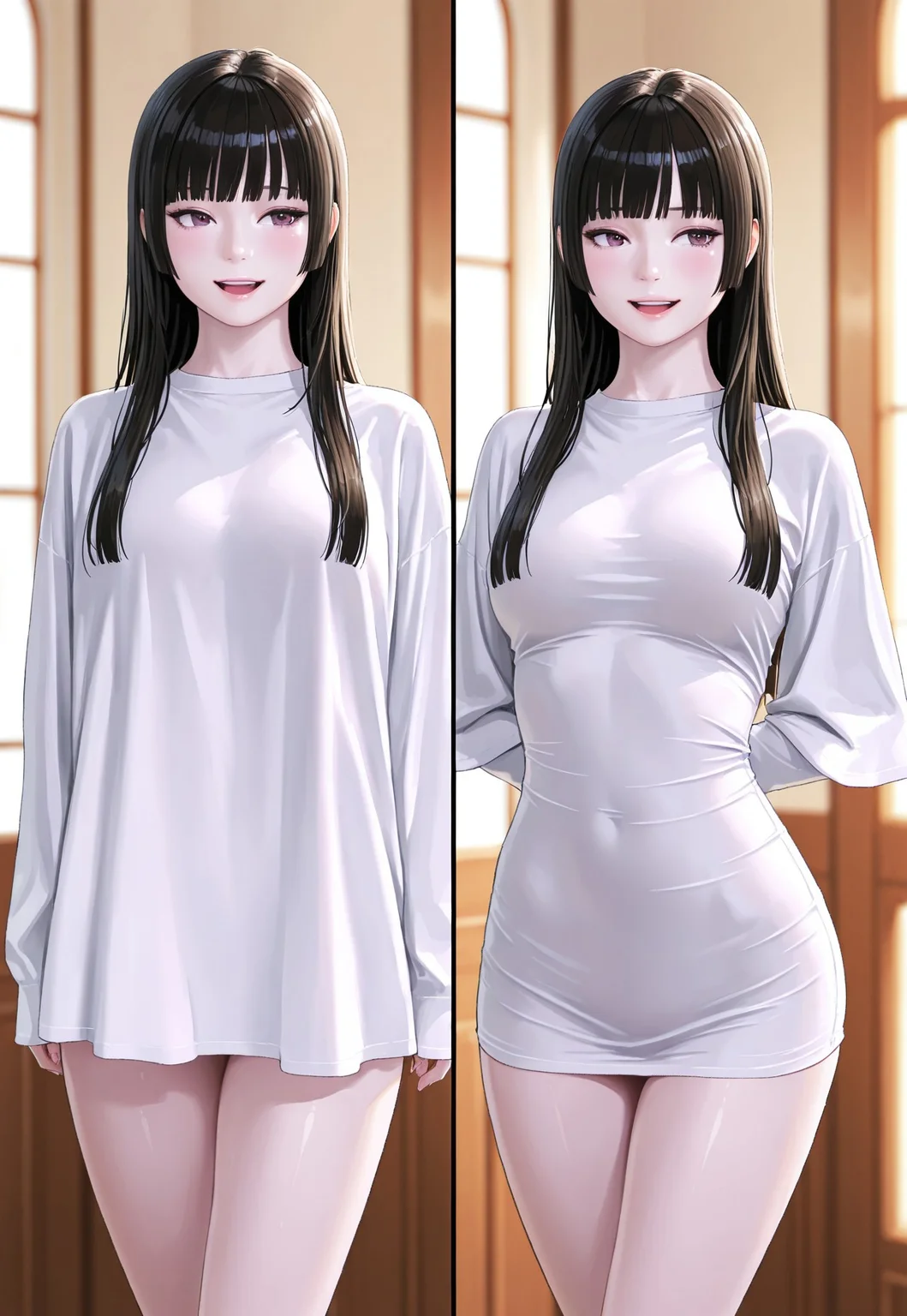 (fine fabric emphasis:1.2), (((masterpiece, amazing quality, best quality, ultra-detailed, 8K, illustration, amazing quality, newest, absurdres, realistic))), highres, very aesthetic, absurd res, hi res, very awa, dynamic angle, refined, volumetric lighting, cinematic lighting, blurry background, close up vivid colors, ((source_realistic:1.6)), hyper detailed,
BREAK
cute face, 1girl, gothic, bangs, pale skin, hime cut, pajamasChallenge, multiple views, shirt overhang, tight shirt, taut shirt, naked shirt, looking at viewer, open mouth, smile, arms behind back, upper teeth only, cowboy shot, no pants, shy, looking away