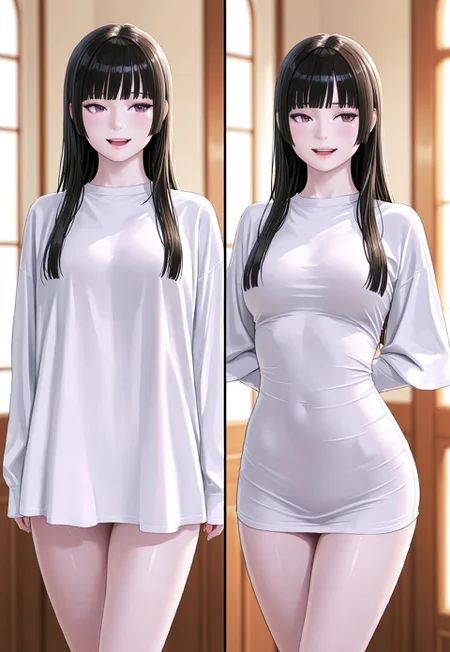 (fine fabric emphasis:1.2), (((masterpiece, amazing quality, best quality, ultra-detailed, 8K, illustration, amazing quality, newest, absurdres, realistic))), highres, very aesthetic, absurd res, hi res, very awa, dynamic angle, refined, volumetric lighting, cinematic lighting, blurry background, close up vivid colors, ((source_realistic:1.6)), hyper detailed,
BREAK
cute face, 1girl, gothic, bangs, pale skin, hime cut, pajamasChallenge, multiple views, shirt overhang, tight shirt, taut shirt, naked shirt, looking at viewer, open mouth, smile, arms behind back, upper teeth only, cowboy shot, no pants, shy, looking away