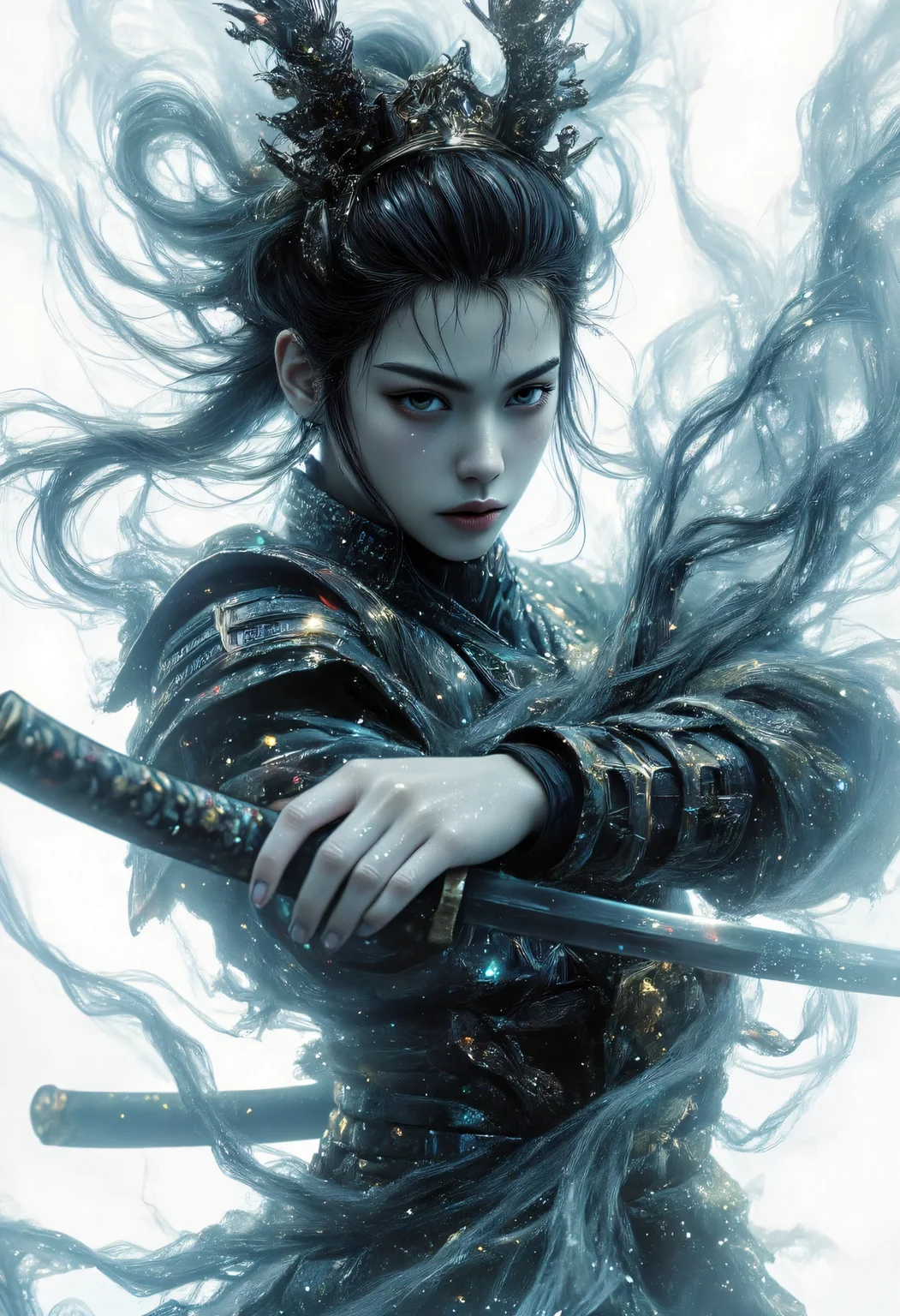 a dipiction of a samurai warrior wielding a katana, blending form with reality. Glitching the surreal with blurred dreams on a white background. Woven light fuses delicatly with whispering shimmers creating a eyecatching and masterpiece artwork. drifting fog, cracked light and smokey haze in floating threads finishes the dreamlike reality.