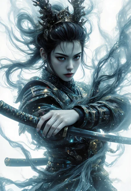 a dipiction of a samurai warrior wielding a katana, blending form with reality. Glitching the surreal with blurred dreams on a white background. Woven light fuses delicatly with whispering shimmers creating a eyecatching and masterpiece artwork. drifting fog, cracked light and smokey haze in floating threads finishes the dreamlike reality.