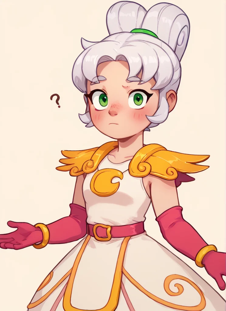 score_9, score_8_up, score_7_up, <lora:lunpiper:1>lunpiper , 1 girl , solo , white hair, doble high ponytail, double bun, green eyes, yellow Shoulder pads ,white dress, dress, red belt , red elbow gloves, yellow bracelet, looking at viewer, <lora:PossumMachine:1>posmach , confused, , simple background, blush,