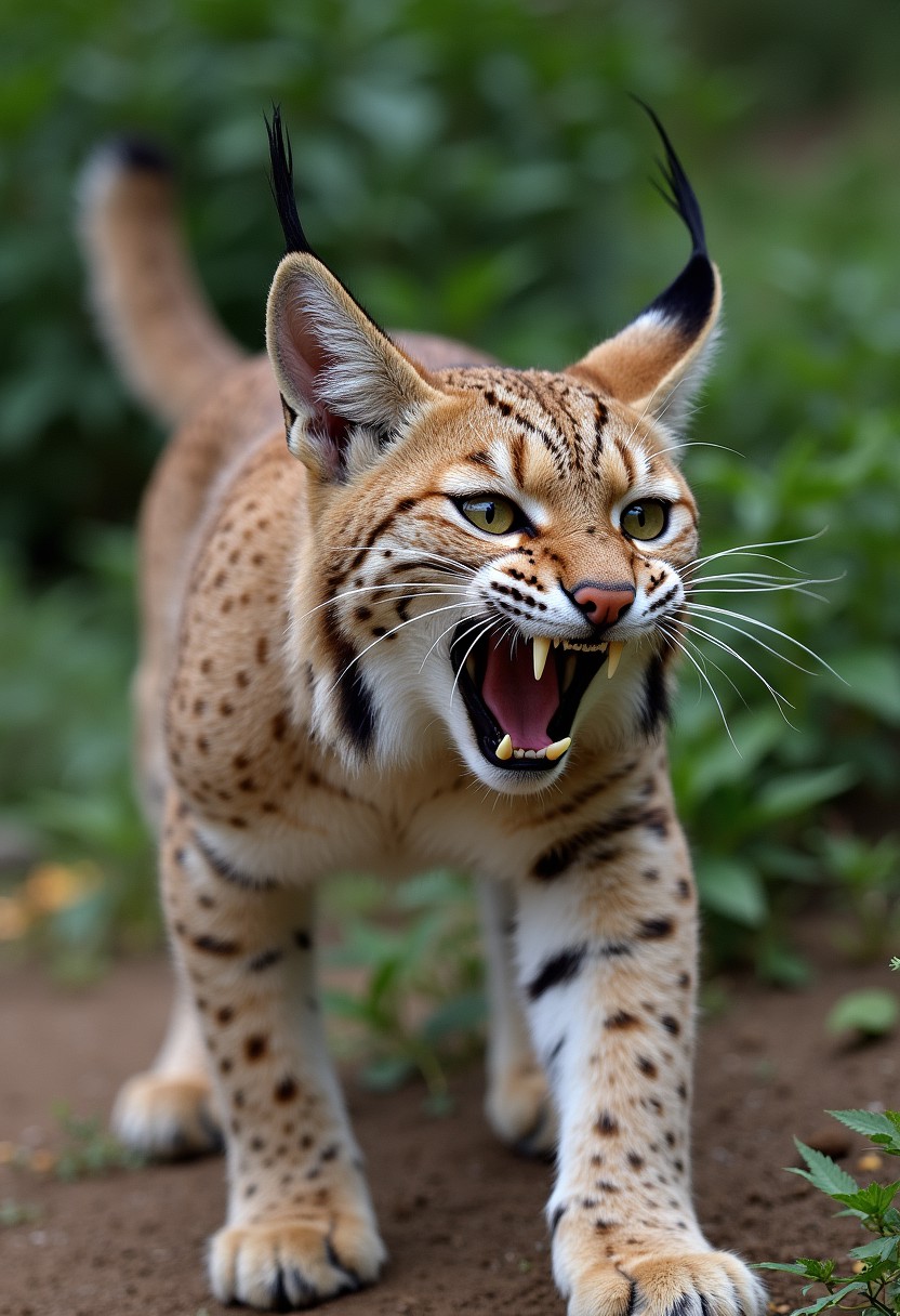 A (lynx) is in an (attack stance), mouth open, baring sharp teeth, and growling. The background of (green shrubs and dirt) highlights its wildness and aggression. Its eyes are filled with (alertness and anger), ready to confront any potential threat. This moment captures the primal instincts of a (predator) and the harsh reality of (survival) in nature.