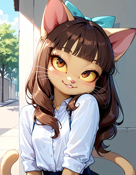 masterpiece, best quality, very aesthetic, absurdres,
outdoors, 
headshot, head tilt, 
button up shirt,
seductive smile, parted lips, long eyelashes,
 <lora:Ivy_Pepper_v01_NAIXL:1>
1vyP3pp3r,1girl,solo,furry,furry female,cat girl,cat ears,brown hair,hair bow,long hair,blunt bangs,brown eyes,yellow sclera,animal nose,whiskers,body fur,cat tail,