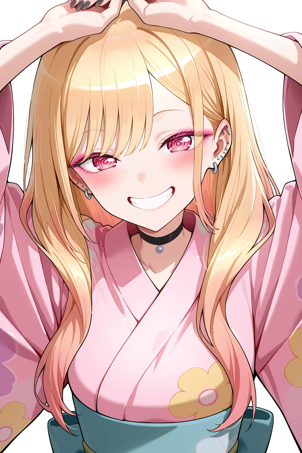 kitagawa marin, anime style, ultra detailed, high quality, far side low key light, high chroma, detailed earrings, ear bone piercing earrings, pierced ears, ear piercing, gradient hair, open mouth, looking at viewer, ear bone piercing earrings, sidelocks, kimono, multicolored hair, ringed eyes, blush, print kimono, japanese clothes, multicolored eyes, fingernails, long sleeves, blonde hair, blue eyes, grin, pink kimono, :d, jewelry, smile, pink eyes, teeth, white background, upper body, wide sleeves, red eyes, simple background, floral print kimono, black nails,A young girl with long blonde hair and pink eyes. she is wearing a traditional japanese kimono with a red and gold pattern. the girl has a big smile on her face and is holding up two fingers in front of her face, as if she is making a peace sign with her fingers. above her head, there are three cartoon characters - one with blue hair, another with pink hair, and one with purple hair. the background is white with red chinese characters written in a cursive font.masterpiece, best quality, very aesthetic, highres, incredibly absurdres
<lora:hinaKitagawaMarin_wifu_v5-x215c7-70k:1>