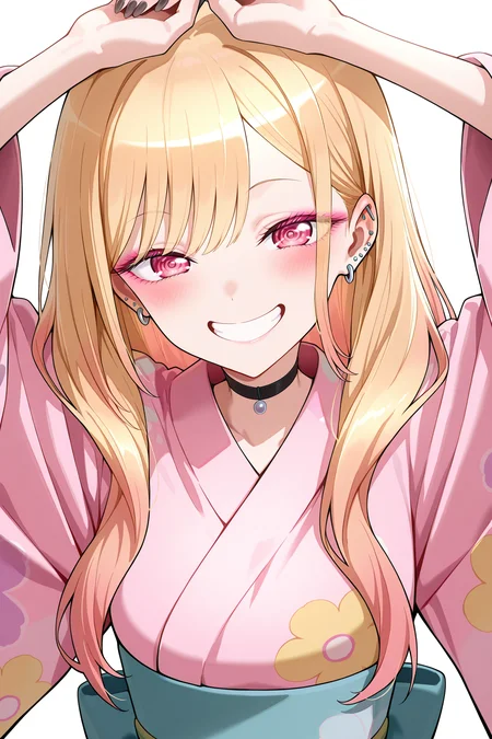 kitagawa marin, anime style, ultra detailed, high quality, far side low key light, high chroma, detailed earrings, ear bone piercing earrings, pierced ears, ear piercing, gradient hair, open mouth, looking at viewer, ear bone piercing earrings, sidelocks, kimono, multicolored hair, ringed eyes, blush, print kimono, japanese clothes, multicolored eyes, fingernails, long sleeves, blonde hair, blue eyes, grin, pink kimono, :d, jewelry, smile, pink eyes, teeth, white background, upper body, wide sleeves, red eyes, simple background, floral print kimono, black nails,A young girl with long blonde hair and pink eyes. she is wearing a traditional japanese kimono with a red and gold pattern. the girl has a big smile on her face and is holding up two fingers in front of her face, as if she is making a peace sign with her fingers. above her head, there are three cartoon characters - one with blue hair, another with pink hair, and one with purple hair. the background is white with red chinese characters written in a cursive font.masterpiece, best quality, very aesthetic, highres, incredibly absurdres
<lora:hinaKitagawaMarin_wifu_v5-x215c7-70k:1>