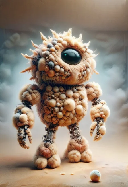 masterpiece, full-body, (Dark-Fantasy-page) ral-flufblz Jed-rbt, robot made-out-of-straw straw balls, (dark:1.1) indoors (lab) (shadows) (dark-atmosphere) ominous eerie