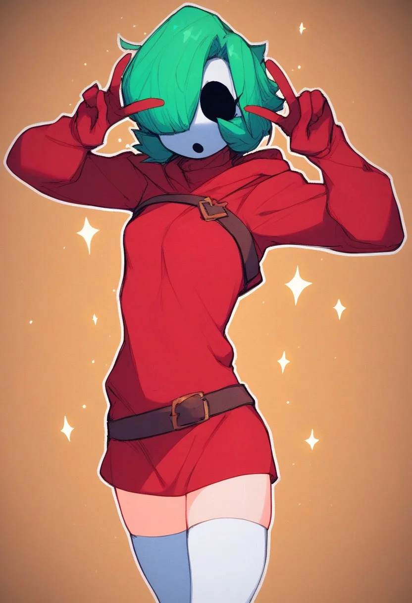 (score_9, score_8_up, score_7_up), <lora:shygal:1>,shygalSDXL,1girl,solo,short hair,thighhighs,dress,green hair,belt,hood,hair over one eye,white thighhighs,zettai ryouiki,hoodie,mask,short dress,red dress,hood up,turtleneck dress, srgrafo, outline, arms up, double peace, sparkles,