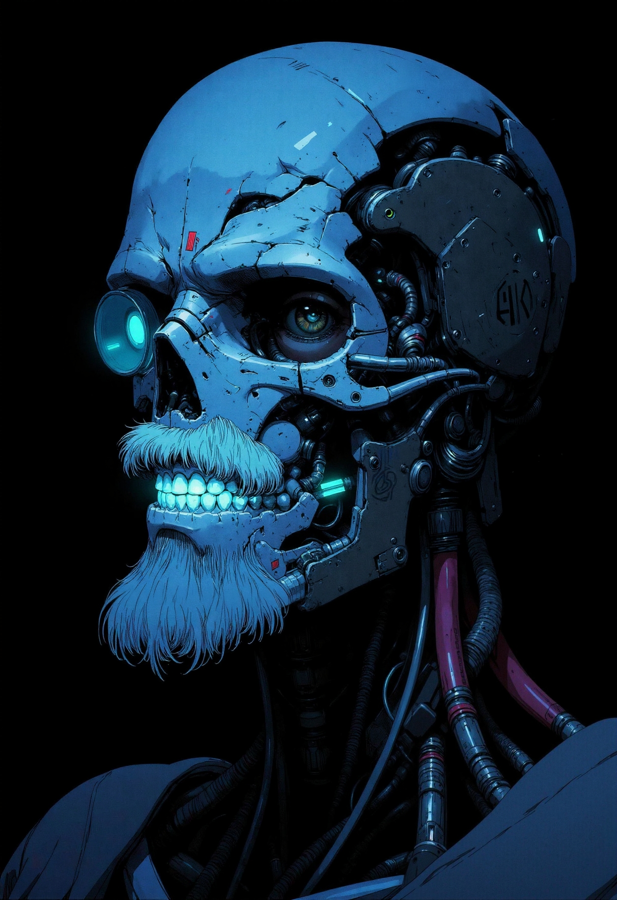 in the style of ckra, A weathered cyborg slowly turns his head to face the camera, revealing his striking half-mechanical face. He leans forward slightly, his one human eye staring directly at the viewer while his other eye—covered with a mechanical implant—remains closed, glinting with a soft blue light. His thin lips part into a subtle smile, exposing sharp, metallic teeth that catch the dim light. Tubes and wires protrude from his wrinkled skin, pulsing with neon blue energy that illuminates the deep creases and scars on his face, especially the prominent one cutting across his right eye. The camera zooms in slowly on his weathered features, highlighting the barcode tattoo near his temple and the carefully trimmed white mustache and beard that frame his jaw. Behind him, there's only darkness—a pure black backdrop that makes his glowing cybernetic parts stand out even more dramatically. As the camera gets closer, small details become visible: old rusted components alongside newer tech, a corporate logo etched into his neck plate, and thin cables connecting to ports along his temples. The lighting remains low and atmospheric, casting shadows that emphasize the boundary between man and machine.
