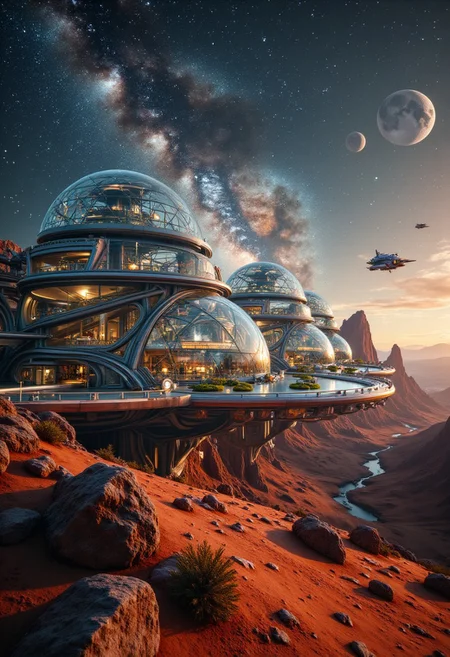 Design a futuristic moon station set on a barren, red-soiled landscape, featuring multiple massive glass domes and flat glass bubbles that are connected and span wide sections of the terrain. Beneath these transparent structures, lush green areas and advanced buildings thrive, creating a self-sustained oasis on the moon’s surface. The station is bathed in the warm glow of a setting sun, casting long shadows across the rugged terrain. In the sky, three moons hover, accompanied by a vast galactic nebula and a brilliant Milky Way stretching across the cosmic expanse. Spacecraft shuttle between the moon station and the distant moons, adding a dynamic sense of life and movement. The hyperrealistic image captures the serene yet ethereal presence of deep space. The scene blends futuristic design with the awe-inspiring beauty of the cosmos, creating a tranquil yet otherworldly atmosphere.
Cinematic style, Realism, Photorealism, High quality, analog photo, Midjourney_Whisper, Bioluminescent