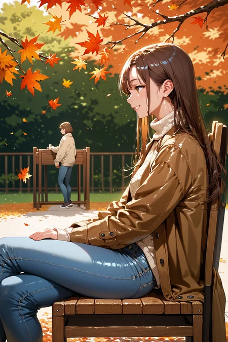 long brown hair
coat neck jeans necksweater
autumn leaves wooden chair outdoor
from side
sitting smile
(score_9,score_8_up,score_7_up,score_6_up), rating_explicit, best quality, masterpiece, 2k,
shiny skin reflection,<lora:DetailedEyes_V3:0.8>