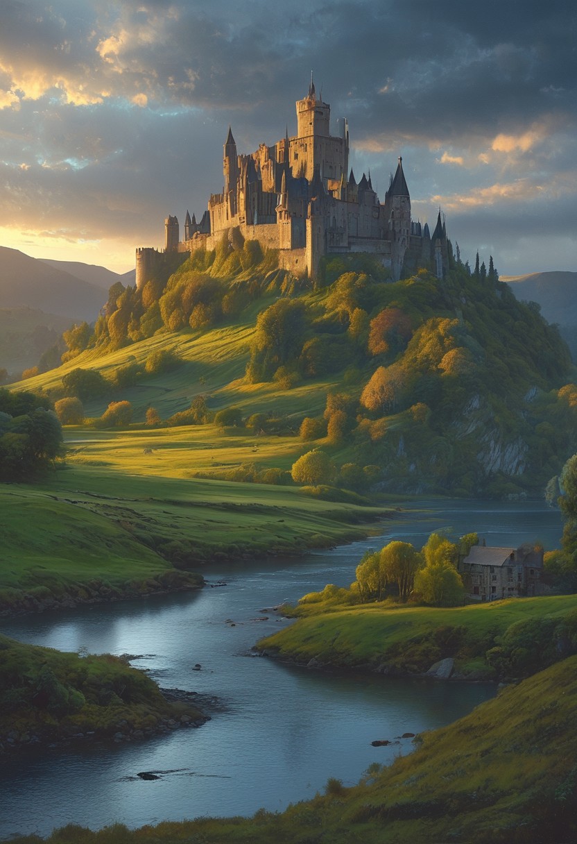 A captivating night scene illustration featuring a beautiful castle on a large  hill overlooking a lake in Wales.   The castle is ancient but well maintained and updated and comfortable to live in.  This enchanting artwork captures a serene and peaceful early morning, where the sun is just starting to rise over the beautiful hills and castle which   stands resolute amidst hills of Wales, creating a cinematic experience., illustration, cinematic
<lora:DonM3t3rn1tyXL-v1.1:0.7>, DonM3t3rn1tyXL,
OverallDetailXL  <lora:MJ52:0.3>  <lora:SDXLFaeTastic2400:0.4>  <lora:EpicF4nta5yXL:0.7>