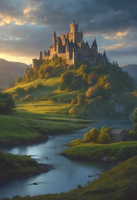 A captivating night scene illustration featuring a beautiful castle on a large  hill overlooking a lake in Wales.   The castle is ancient but well maintained and updated and comfortable to live in.  This enchanting artwork captures a serene and peaceful early morning, where the sun is just starting to rise over the beautiful hills and castle which   stands resolute amidst hills of Wales, creating a cinematic experience., illustration, cinematic
<lora:DonM3t3rn1tyXL-v1.1:0.7>, DonM3t3rn1tyXL,
OverallDetailXL  <lora:MJ52:0.3>  <lora:SDXLFaeTastic2400:0.4>  <lora:EpicF4nta5yXL:0.7>