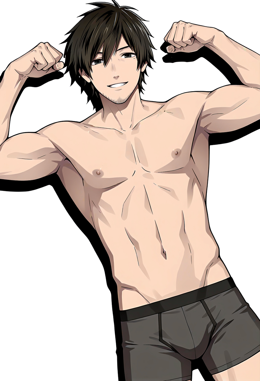 <lora:Kagami_Kazumi_Liar_Uncover_the_Truth:1> masterpiece, best quality, newest, absurdres, anime screencap, intricate details, good quality, very awa, highres, perfect proportions, perfect eyes, amazing quality, very aesthetic, 1boy, KKzm1, brown_KKzm1_hair, black_KKzm1_eyes, anime coloring, mature male, male focus, solo, topless male, facing viewer, double biceps pose, smile, confident, looking at viewer, grin, black, boxer briefs, white background, simple background, cowboy shot,  shadow, dutch angle,  dynamic action, intricate lighting, intricately detailed illustration, depth of field,