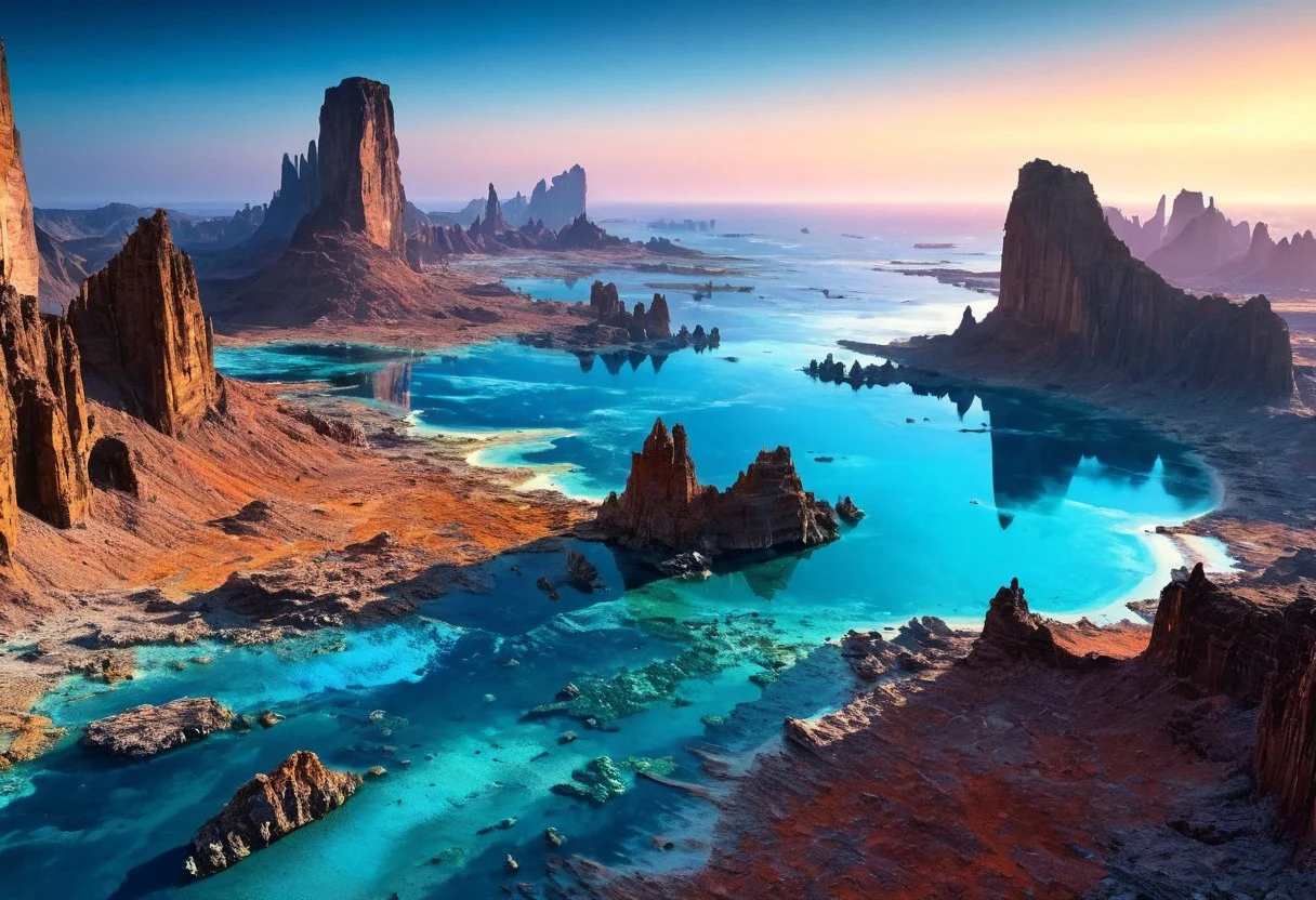 Aerial perspective, expansive panorama of a crystalline lagoon nestled amid iridescent rock formations and enigmatic bioluminescent forests. Futuristic island metropolis outlined along jagged, reflective shores, illuminated by ambient cosmic lighting and dynamic neon glows, intricate textures of layered sedimentary cliffs merging with surreal water reflections. Vast, dramatic vista characterized by a celestial sky, drifting nebular clouds, and hints of luminescent mist. Ultra high definition, 8K masterpiece quality, intricate cinematic framing, evocative color palette, ornate natural details and advanced urban design, breathtaking scale and spatial dynamism.