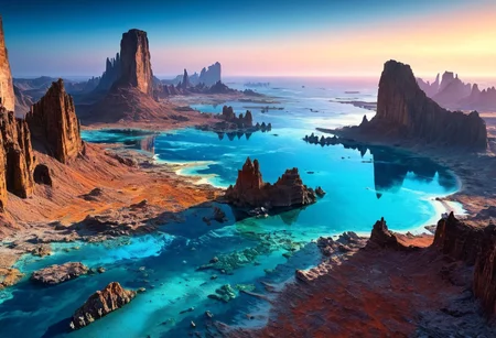Aerial perspective, expansive panorama of a crystalline lagoon nestled amid iridescent rock formations and enigmatic bioluminescent forests. Futuristic island metropolis outlined along jagged, reflective shores, illuminated by ambient cosmic lighting and dynamic neon glows, intricate textures of layered sedimentary cliffs merging with surreal water reflections. Vast, dramatic vista characterized by a celestial sky, drifting nebular clouds, and hints of luminescent mist. Ultra high definition, 8K masterpiece quality, intricate cinematic framing, evocative color palette, ornate natural details and advanced urban design, breathtaking scale and spatial dynamism.