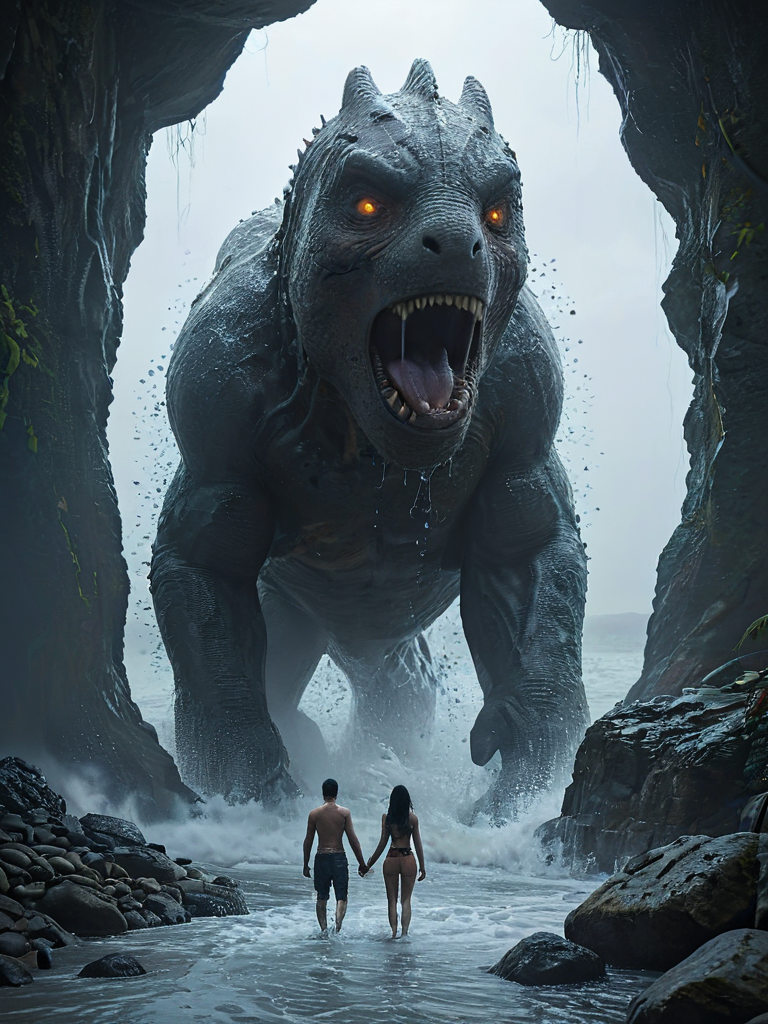 Hyperrealistic art BJ_Sacred_beast,full body,run,suspension,outdoors,sky,day,cloud,water,blue_sky,ocean,cloudy_sky, cinematic lighting,strong contrast,high level of detail,Best quality,masterpiece, Extremely high-resolution details, photographic, realism pushed to extreme, fine texture, incredibly lifelike, hkstyle faceless cyborg,,Two people are standing in the water. There is a large dinosaur behind the people. There are large rocks surrounding the dinosaur.