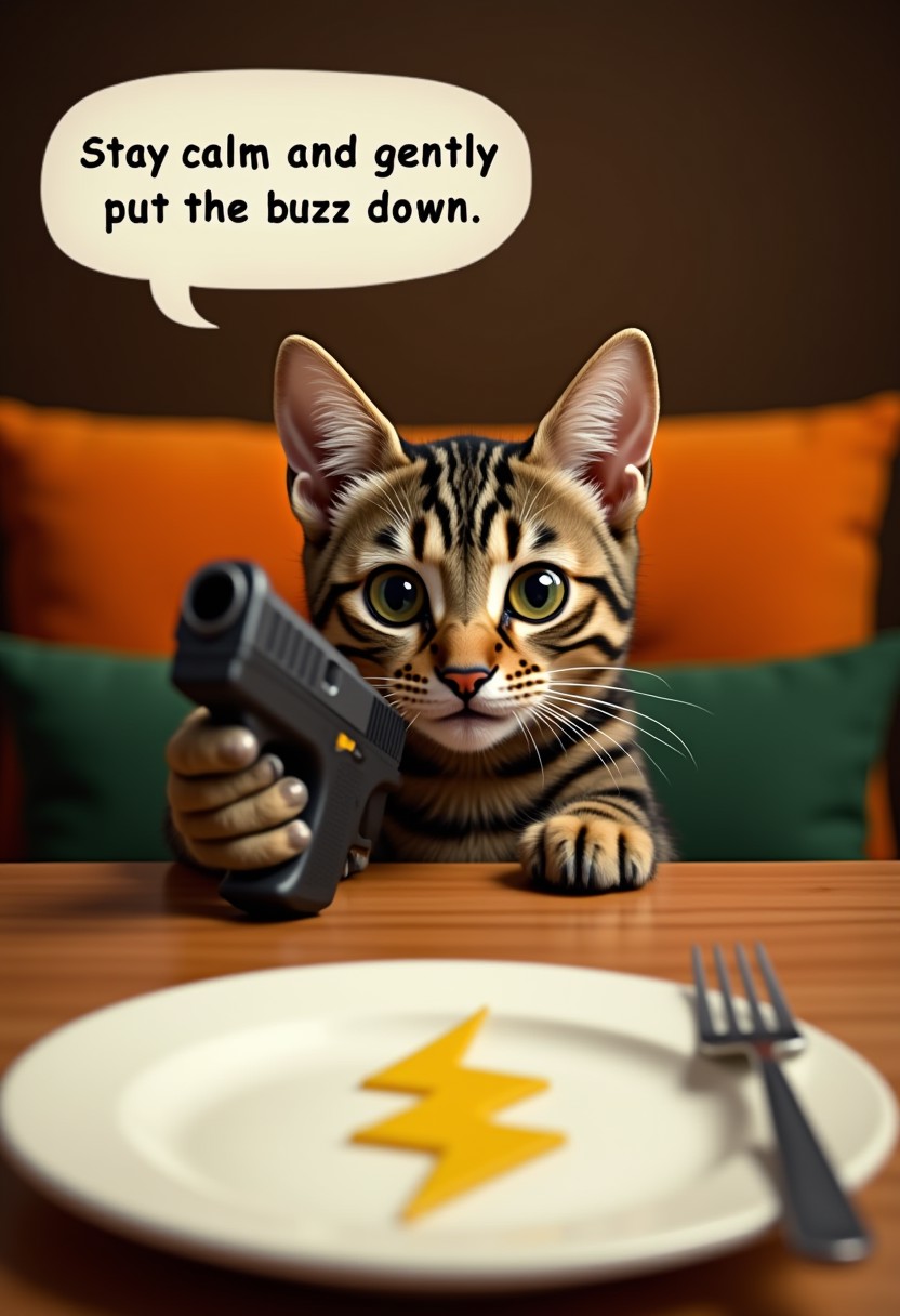 A curious tabby cat peeks over the edge of a wooden table, its head and upper body visible. The cat holding glock gun. The cat has distinct stripes and large, expressive eyes. Text bubble above its head written "Stay calm and gently put the buzz down." In the foreground, a white plate with An object in the shape of yellow lightning icon and a fork are partially visible. The background features cushioned chairs in shades of orange and green, creating a cozy dining atmosphere.