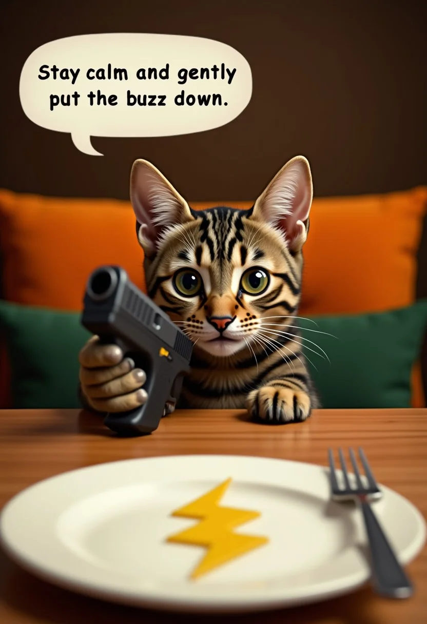A curious tabby cat peeks over the edge of a wooden table, its head and upper body visible. The cat holding glock gun. The cat has distinct stripes and large, expressive eyes. Text bubble above its head written "Stay calm and gently put the buzz down." In the foreground, a white plate with An object in the shape of yellow lightning icon and a fork are partially visible. The background features cushioned chairs in shades of orange and green, creating a cozy dining atmosphere.