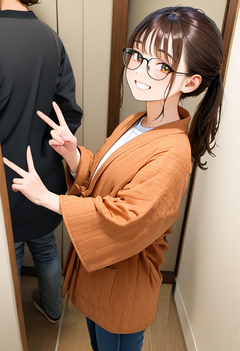 1girl, solo, glasses, hanten, hanten \(clothes\), pants, shirt, brown hair, ponytail, long hair, denim, standing, jeans, long sleeves, v, 
indoors, happy, smile, looking at viewer, solo focus,
masterpiece, best quality, amazing quality, very aesthetic, absurdres,
 <lora:Clothing_hanten_illustrious_V1L_DIM4:0.6>