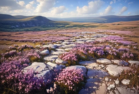 Limestone Pavement, valley, heather moorland, Yorkshire Dales, windy, ((Highest quality:1.0),(High resolution:1.0), (masterpiece:1.0), (ground level view:0.6, viewer looking up:0.6), beautiful and aesthetic:1.3), extreme detailed, colorful, highest detailed,((ultra-detailed)),(highly detailed CG illustration),,