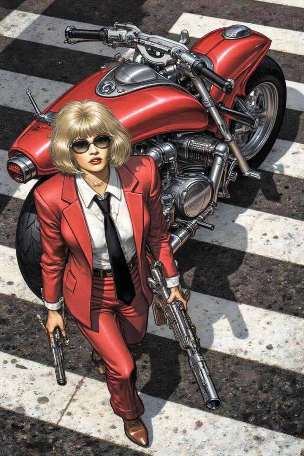 juangimenez1 illustration.
Overhead shot of a Blonde woman walking away from a futuristic motorcycle parked at a zebra crossing. The woman has bob hair, is smoking. She wears a red business suit, white shirt, black tie, and sunglasses. She holds a gun with a confident grip. The motorcycle itself is red, sleek and metallic, with intricate designs and a futuristic vibe <lora:juangimenez1_cap_d8a4e12:1.0><lora:857662344950463729:0>